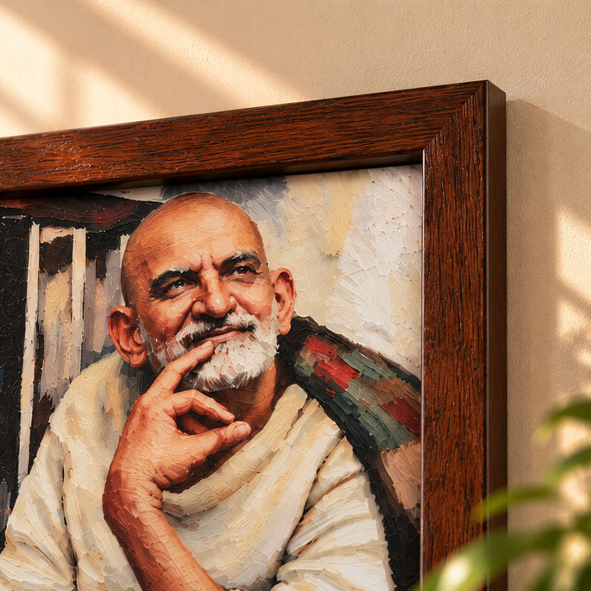 Neem Karoli Baba Serene Painting Brown Frame- Mid