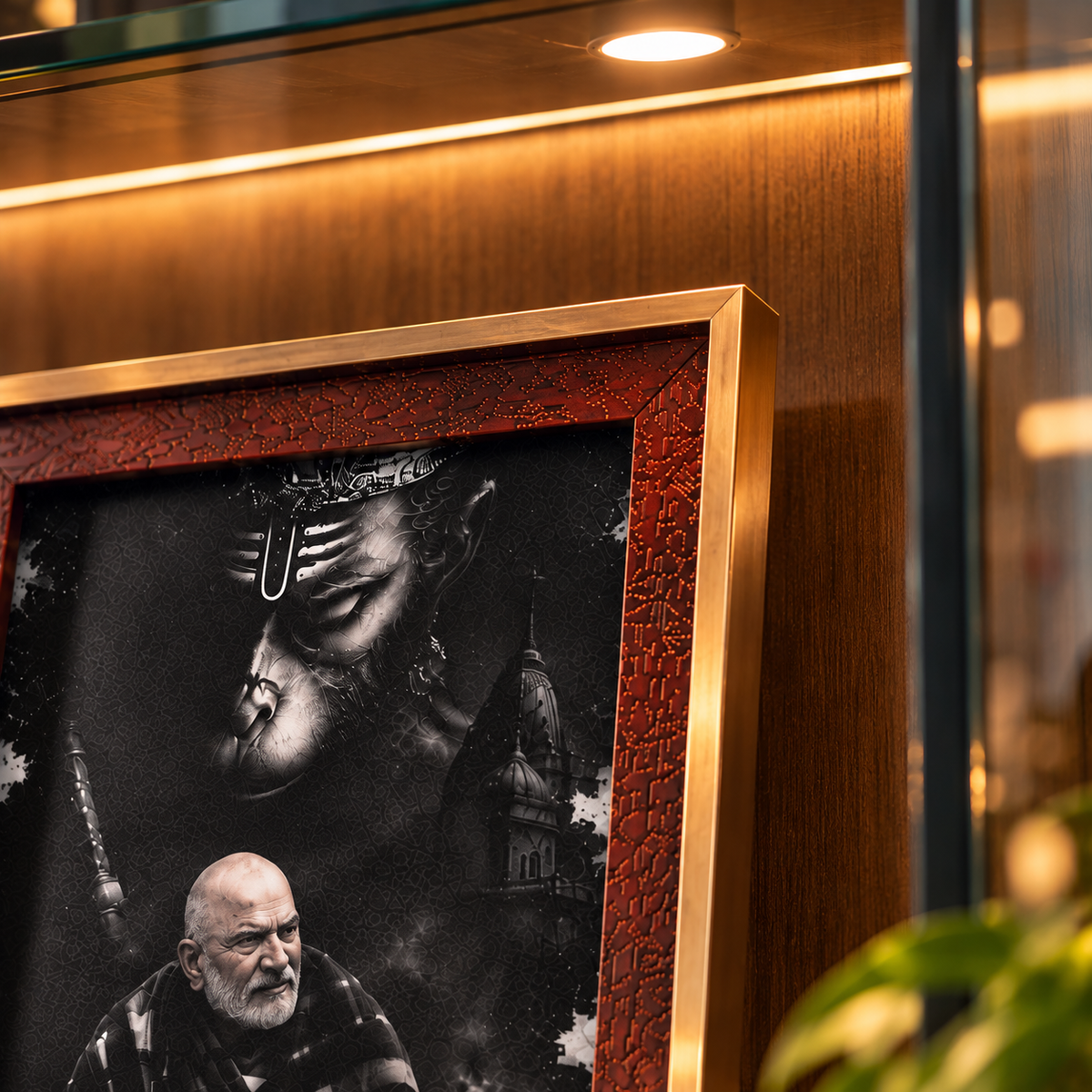 Hanuman Ji & Neem Karoli Baba Divine Protection Premium Brown Frame with Gold Accent Frame- Small