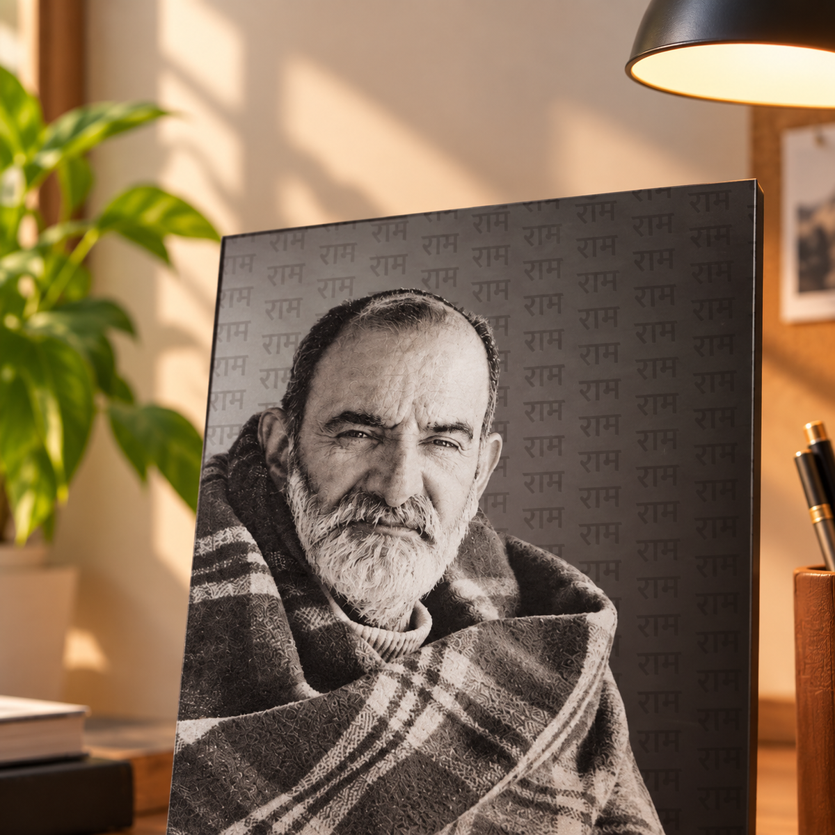 Neem Karoli Baba Surrounded by Ram Naam Clear Acrylic Frame