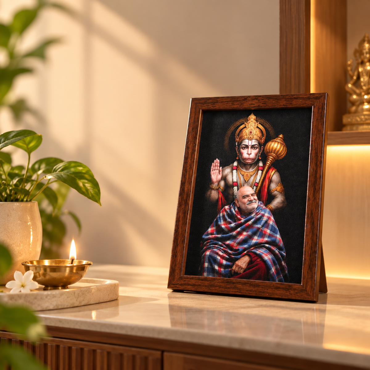 Divine Bond - Hanuman Ji & Neem Karoli Baba   Classic Brown Frame- Mid