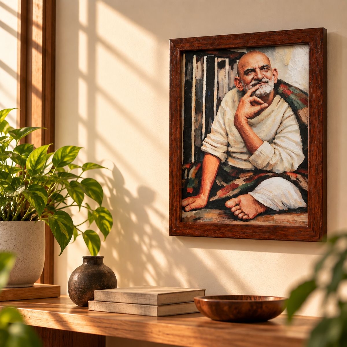 Neem Karoli Baba Serene Painting Brown Frame- Small
