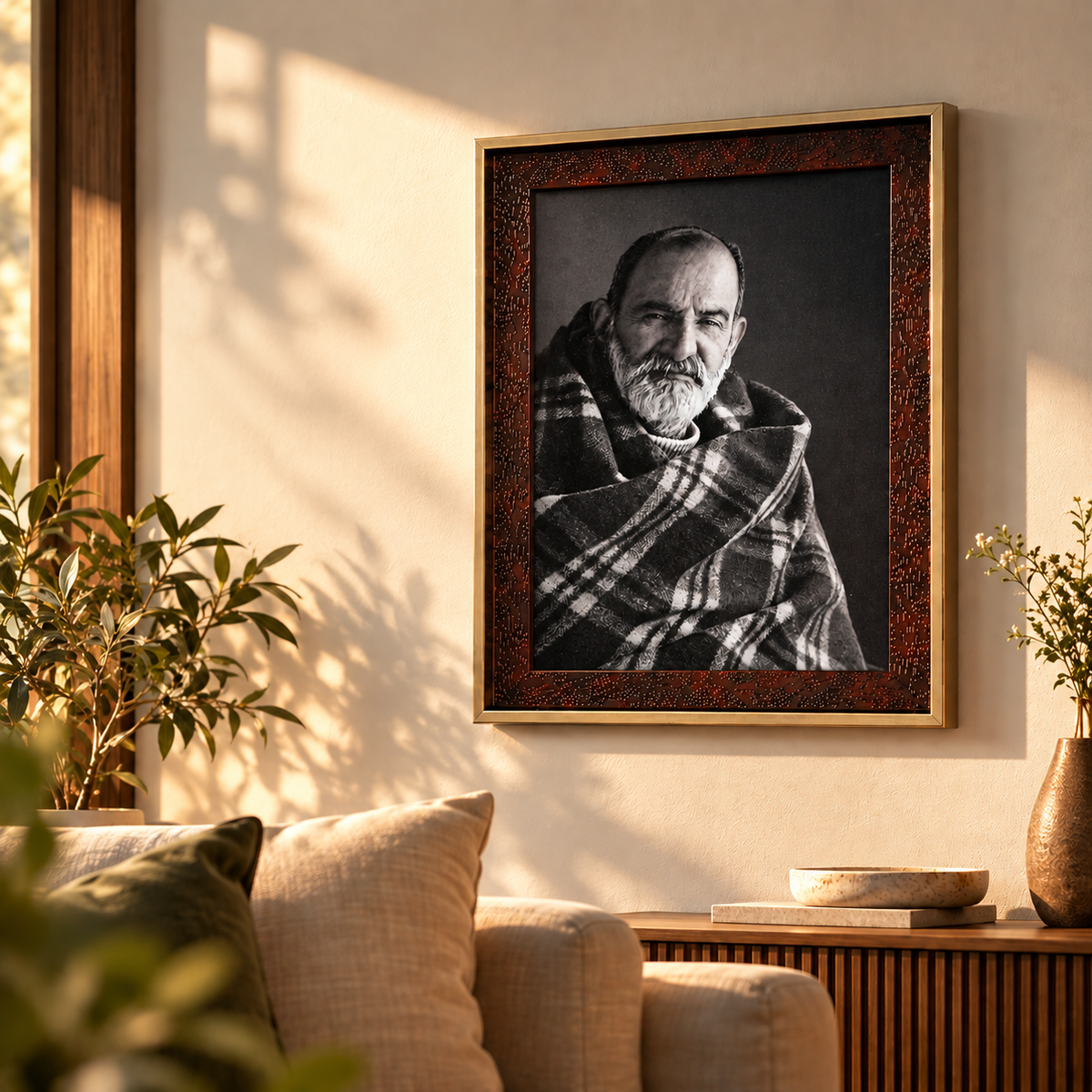 Neem Karoli Baba Surrounded by Ram Naam Premium Brown & Gold Frame- Mid