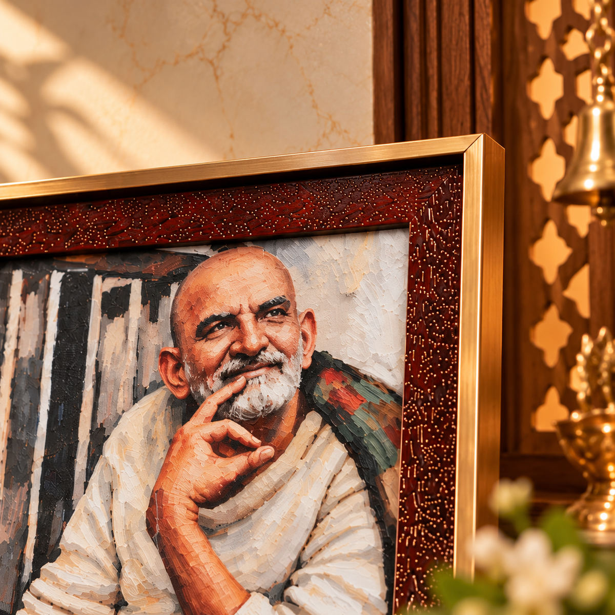 Neem Karoli Baba Serene Painting  Premium Brown Frame with Gold Border- Mid