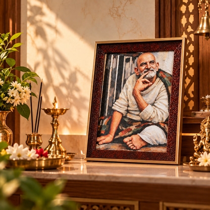 Neem Karoli Baba Serene Painting  Premium Brown Frame with Gold Border- Mid