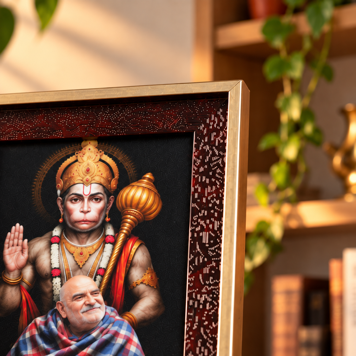 Divine Bond - Hanuman Ji & Neem Karoli Baba Premium Brown Frame with Gold Border- Small