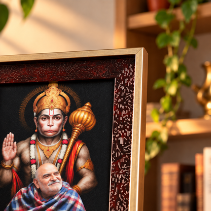 Divine Bond - Hanuman Ji & Neem Karoli Baba Premium Brown Frame with Gold Border- Small