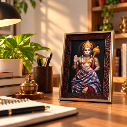Divine Bond - Hanuman Ji & Neem Karoli Baba Premium Brown Frame with Gold Border- Small