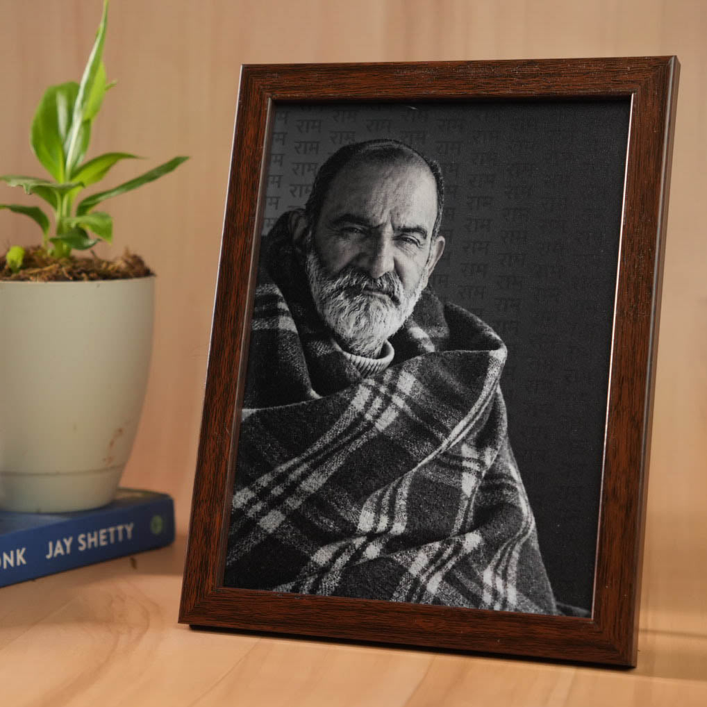 Neem Karoli Baba Surrounded by Ram Naam – Classic Brown Frame- Mid