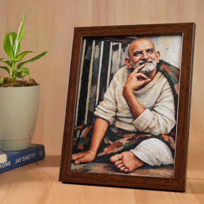 Neem Karoli Baba Serene Painting Brown Frame- Mid