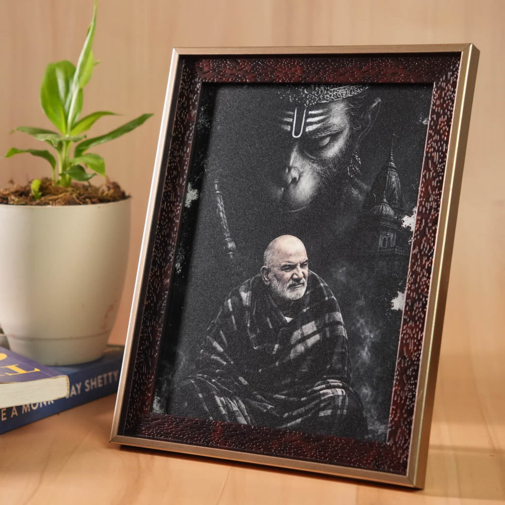 Hanuman Ji & Neem Karoli Baba Divine Protection Premium Brown Frame with Gold Border- Mid