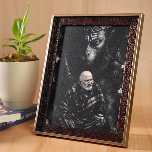 Hanuman Ji & Neem Karoli Baba Divine Protection Premium Brown Frame with Gold Border- Mid