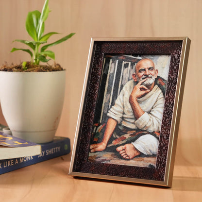 Neem Karoli Baba Serene Painting Premium Brown Frame with Gold Accent Frame- Small