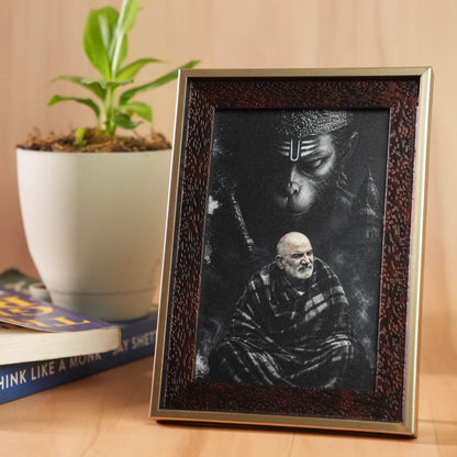 Hanuman Ji & Neem Karoli Baba Divine Protection Premium Brown Frame with Gold Accent Frame- Small