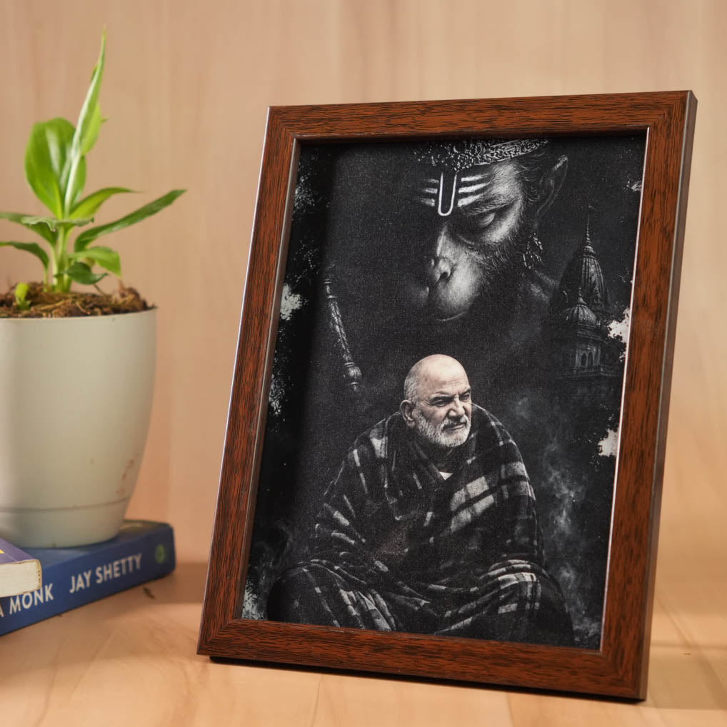 Hanuman Ji & Neem Karoli Baba Divine Protection Brown Frame- Mid