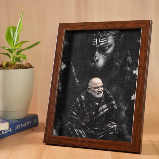 Hanuman Ji & Neem Karoli Baba Divine Protection Brown Frame- Mid