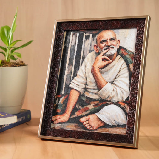 Neem Karoli Baba Serene Painting  Premium Brown Frame with Gold Border- Mid