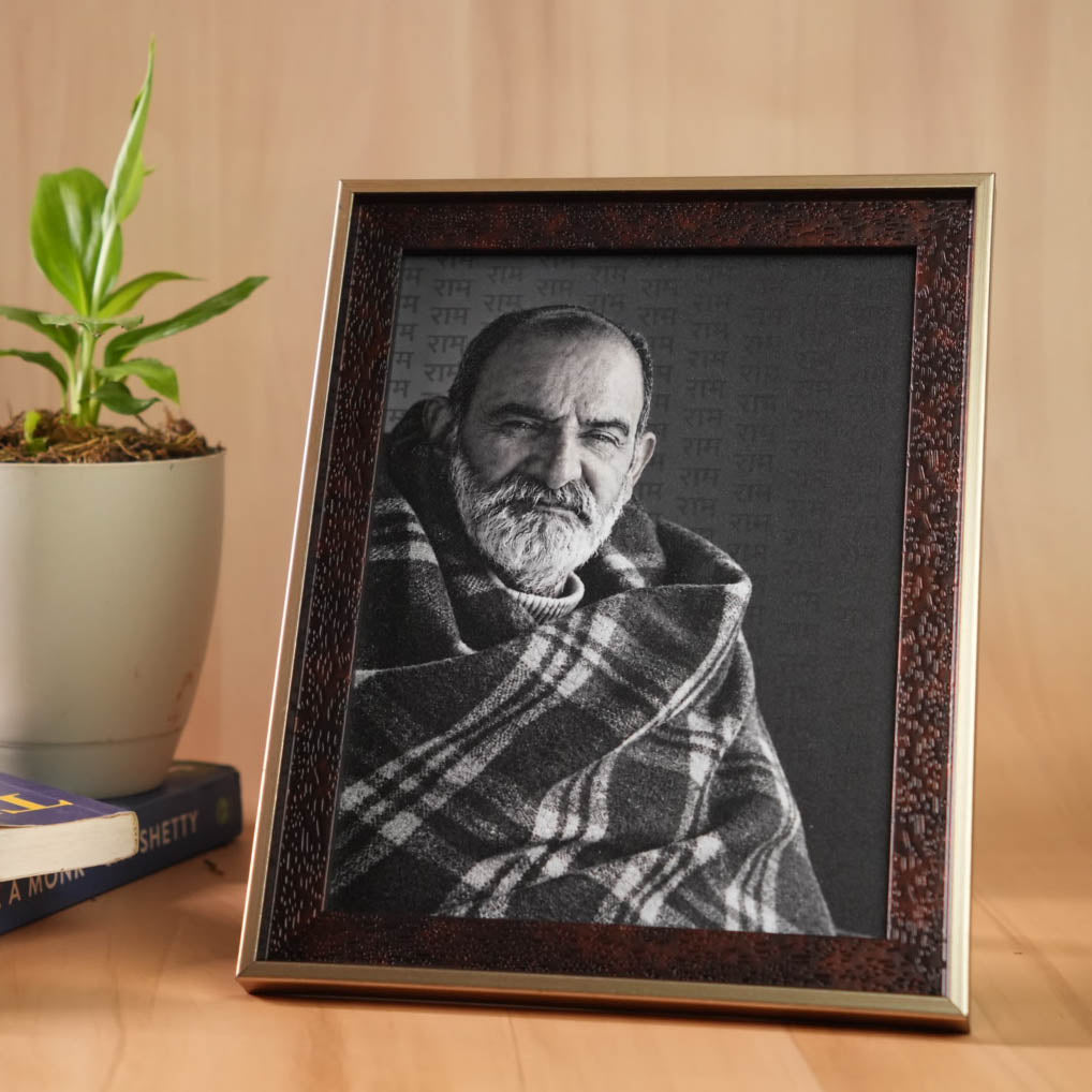 Neem Karoli Baba Surrounded by Ram Naam Premium Brown & Gold Frame- Mid