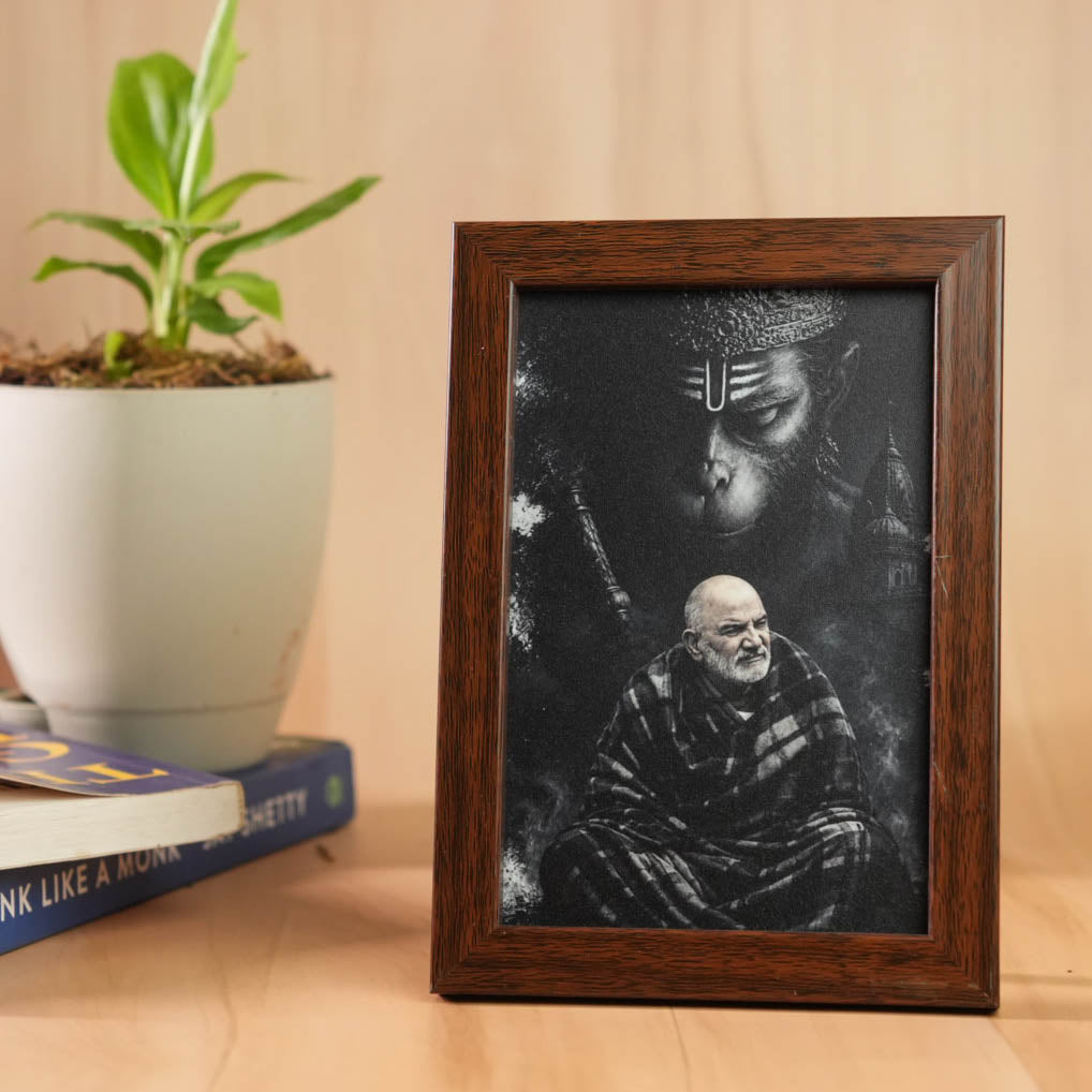 Hanuman Ji & Neem Karoli Baba Divine Protection Brown Frame- Small